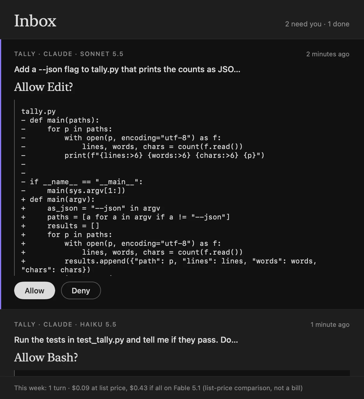 The Inbox, dark. Two tasks need you: Claude asks to edit tally.py, and the card shows the lines it removes and adds, with Allow and Deny under them; below it, Claude asks to run the tests. A footer shows this week’s measured cost.